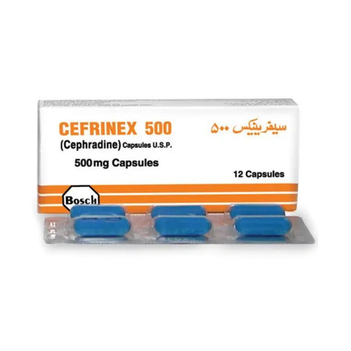 Pack of Cefrinex 500 capsules with blue capsules on a white background