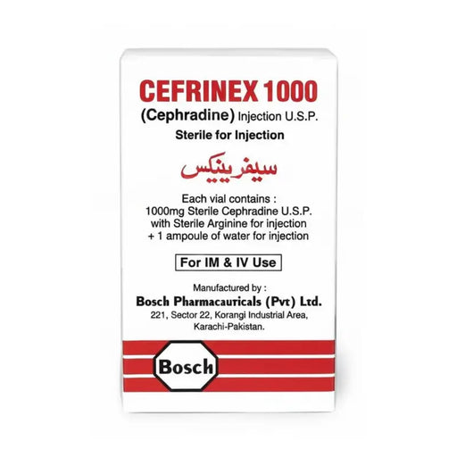 Cefrinex 1000 injection packaging with Bosch Pharmaceuticals branding on a white background