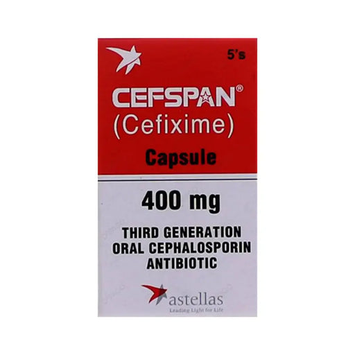 Box of Cefspan (Cefixime) Capsule 400 mg with Astellas logo on a white background