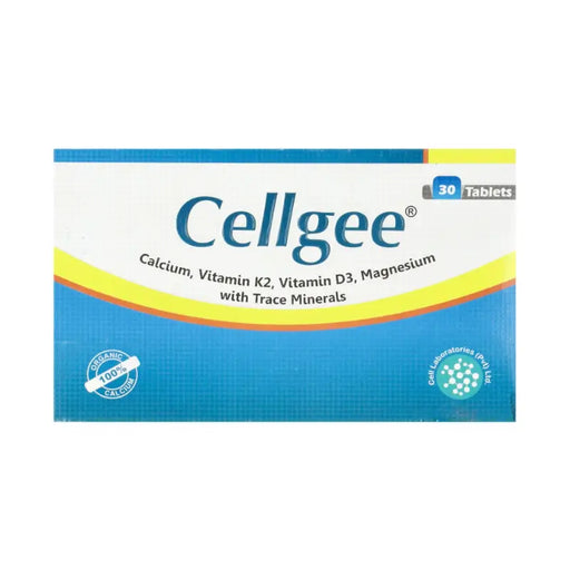 Box of Cellgee tablets with blue, yellow, and white design on a white background