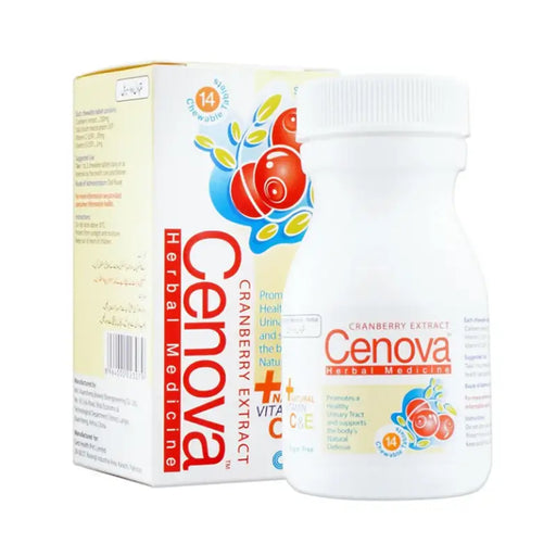 Cenova cranberry extract supplement bottle and packaging on a white background
