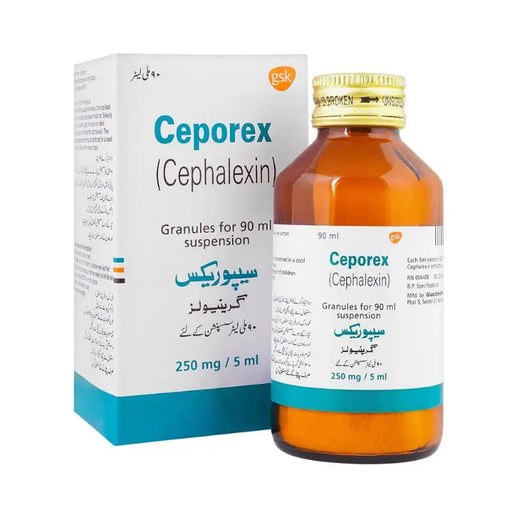 Ceporex (Cephalexin) bottle and packaging on a white background