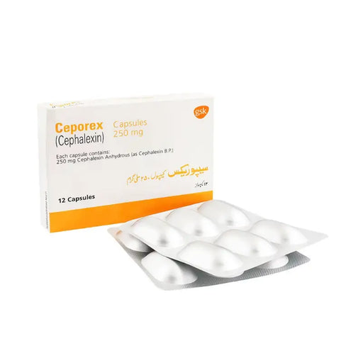 Ceporex (Cephalexin) packaging with white capsules on a white background