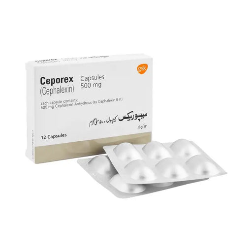Ceporex (Cephalexin) 500 mg capsules packaging with blister pack on a white background
