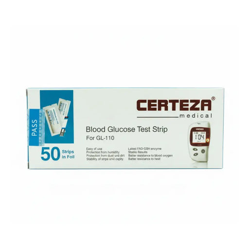 Box of Certeza medical blood glucose test strips with a meter on a white background