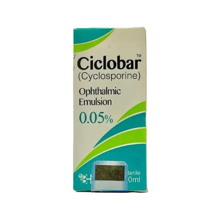 A box of Ciclobar (Cyclosporine) Ophthalmic Emulsion 0.05% with a green and white color scheme.