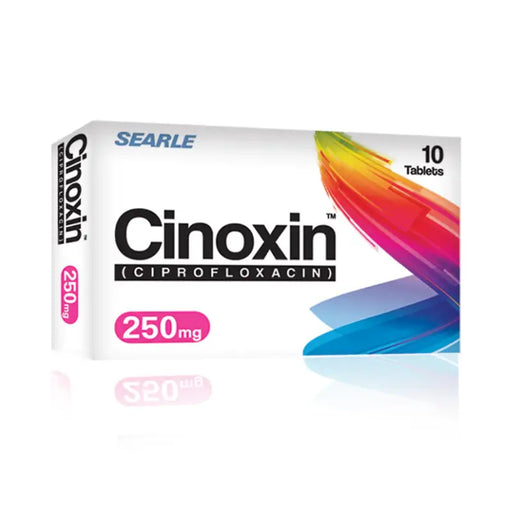 Cinoxin medication box with colorful design on a white background