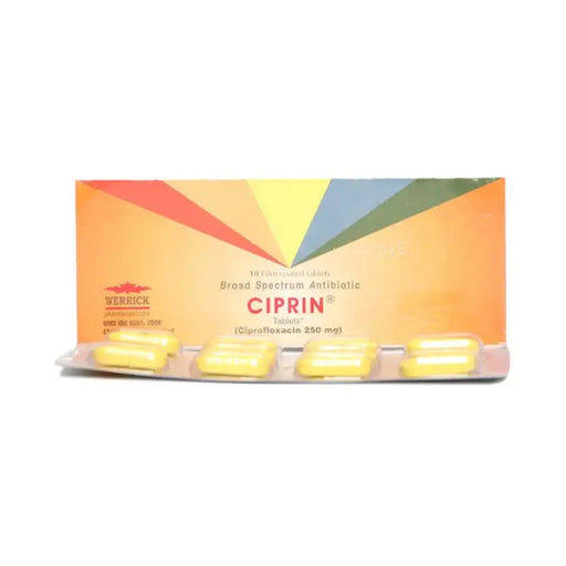 Pack of Ciprin tablets with colorful packaging on a white background