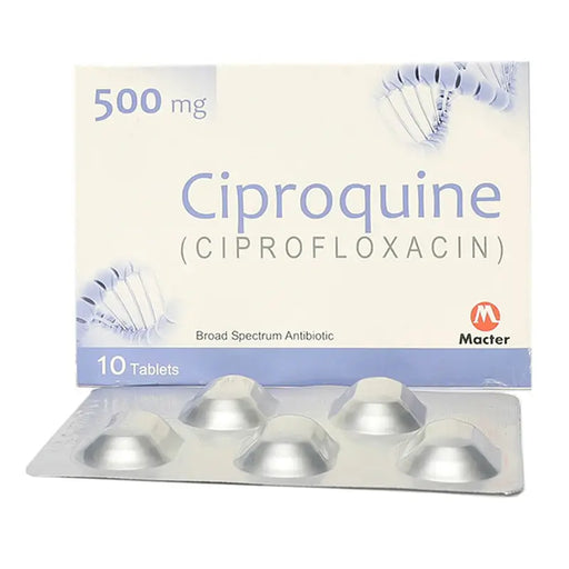 Ciprofloxacin packaging with tablets on a white background