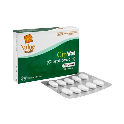 Box of CipVal (Ciprofloxacin) 500mg tablets with blister pack on a white background