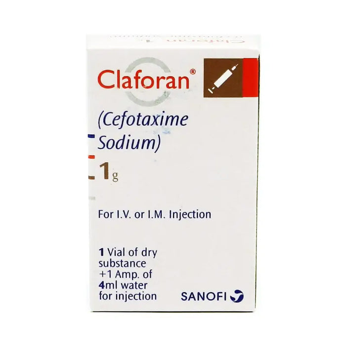 Box of Claforan (Cefotaxime Sodium) for I.V. or I.M. Injection by Sanofi on a white background