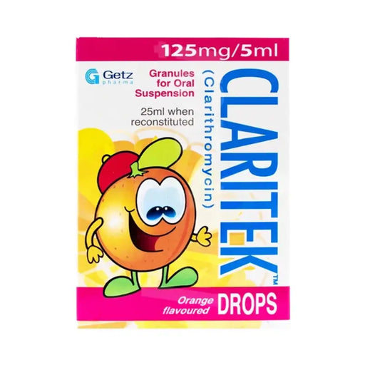 Packaging of Claritek Clarithromycin orange-flavored drops with a cartoon character on a white background.
