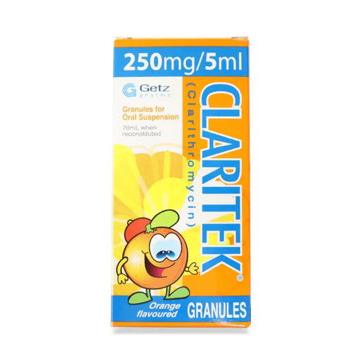 Box of Claritek granules with a cartoon peach character on a white background