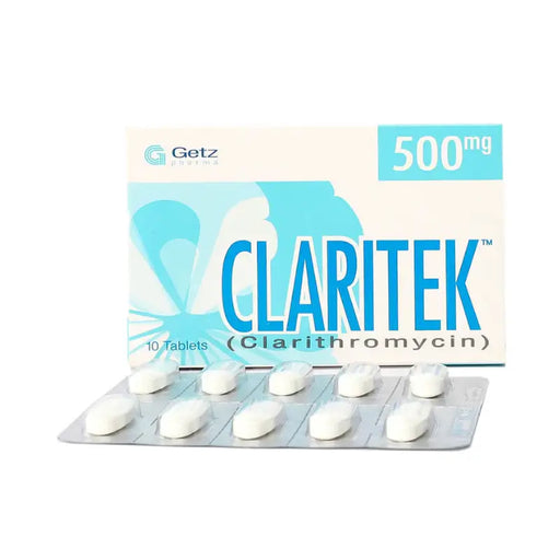 Clarithromycin tablets in a packaging with 'Claritek' branding on a white background.