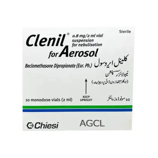 Clenil for Aerosol packaging with Chiesi and AGCL branding on a white background