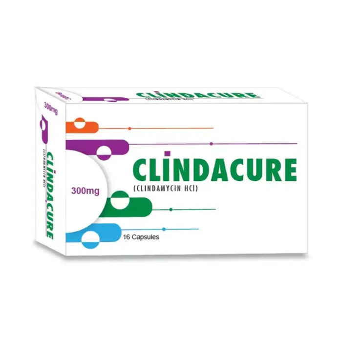 Box of Clindacure capsules with green and purple design on a white background