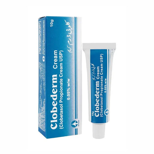 Clobederm Cream packaging with blue and white design on a white background