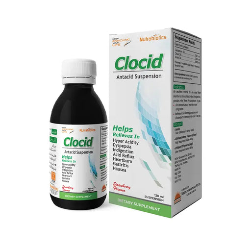 Clocid Antacid Suspension bottle and packaging on a white background