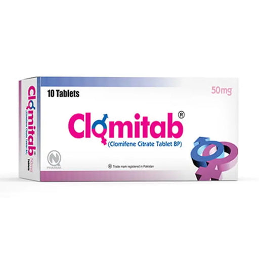 Box of Clomitab tablets with Clomifene Citrate on a white background
