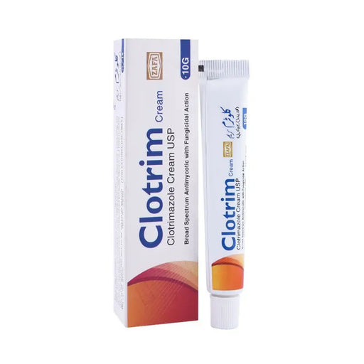 Clotrimazole cream packaging with tube and box on a white background