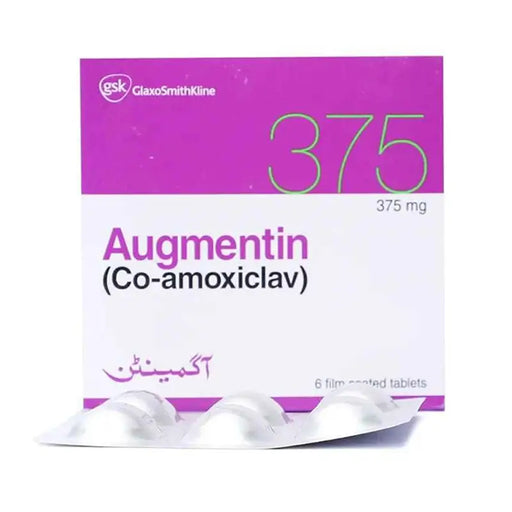 Box of Augmentin (Co-amoxiclav) 375 mg tablets with GlaxoSmithKline branding.