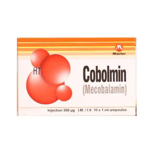 Cobolmin Mecobalamin packaging with red spheres on a white background