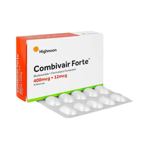 Box of High Noon Combivair Forte medication with white capsules on a white background