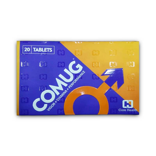 Packaging of COMUG tablets with blue and orange design on a white background