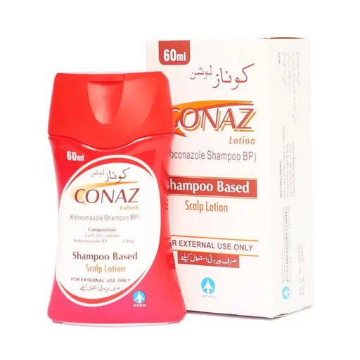 Conaz shampoo and lotion packaging on a white background