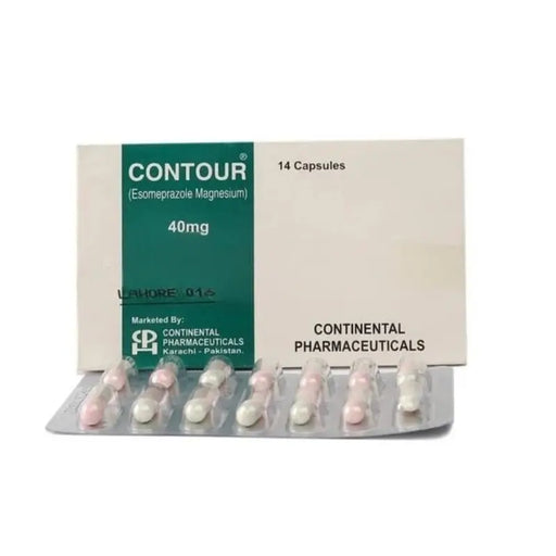 Packaging of Contour capsules by Continental Pharmaceuticals on a white background
