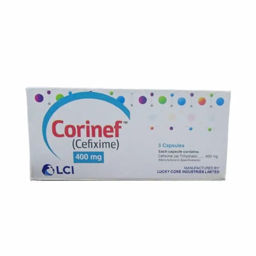 Box of Corinef (Cefixime) 400 mg capsules with colorful dots on a white background