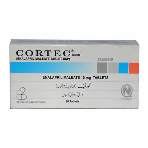 Box of Cortec Enalapril Maleate tablets on a white background