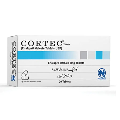 Box of Cortec Enalapril Maleate Tablets on a white background