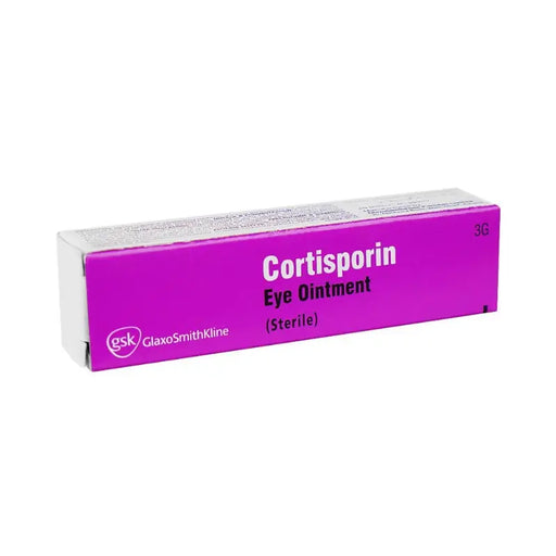 Cortisporin Eye Ointment packaging with purple and white design on a white background
