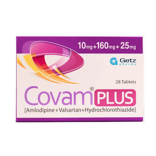 Covam Plus medication box by Getz Pharma with colorful design on a white background