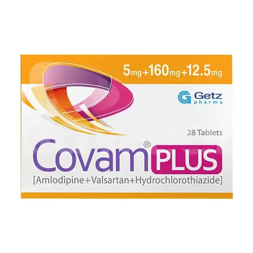 Covam Plus medication packaging by Getz Pharma on a white background