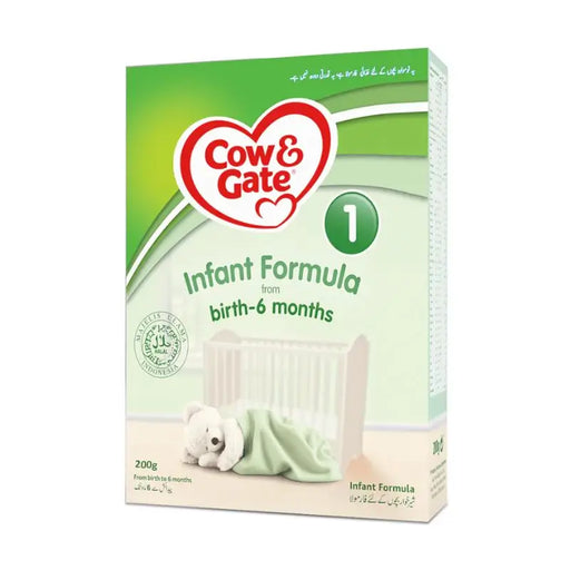 Cow & Gate Infant Formula packaging with a baby crib and bear illustration on a white background