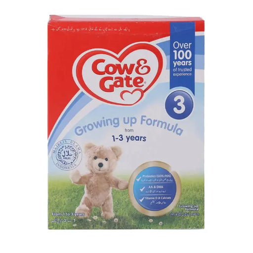 Cow & Gate Growing Up Formula box with a teddy bear illustration on a white background