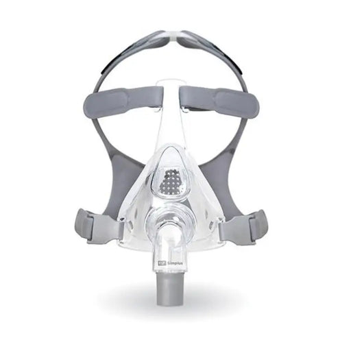 CPAP mask with gray headgear on a white background