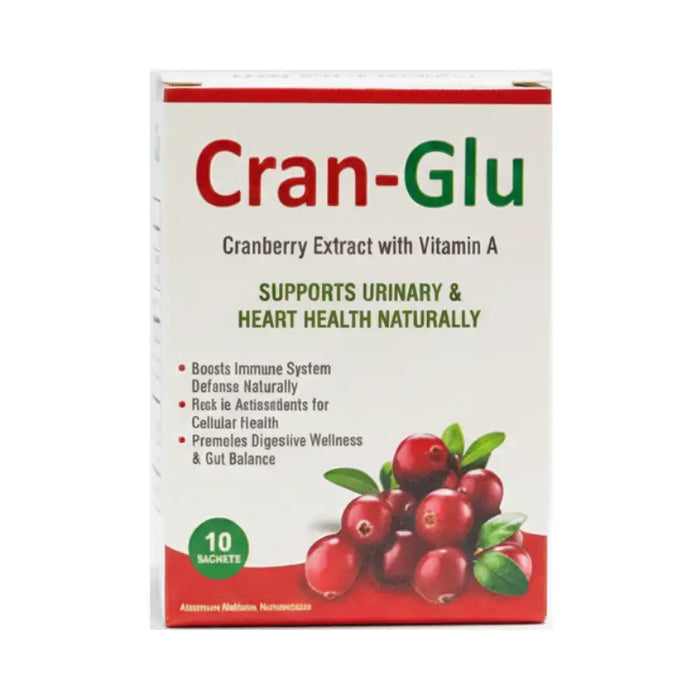 Cran-Glu supplement box with cranberries on a white background