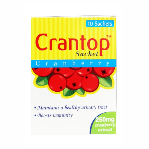 Crantop Cranberry Sachet packaging with cranberries on a yellow background