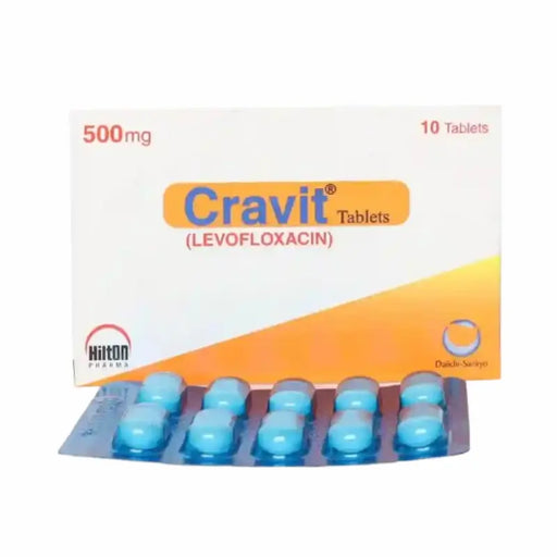 Box of Cravit Levofloxacin tablets with blue capsules on a white background