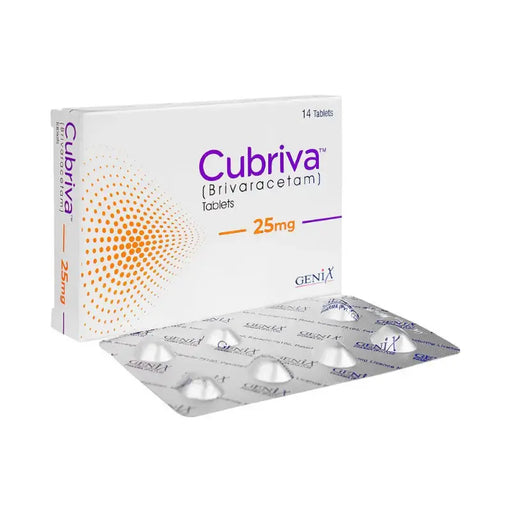 Cubriva medication packaging with 14 tablets on a white background