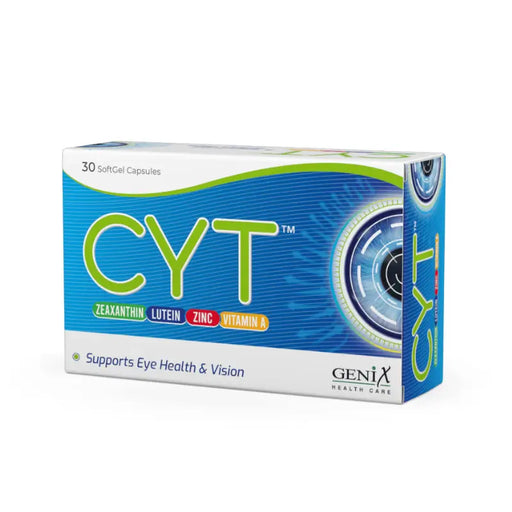 Box of CYT eye health supplements with blue and green design on a white background
