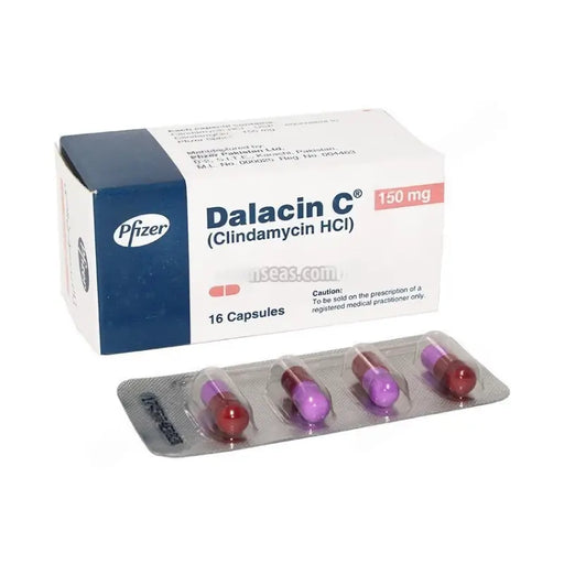 Box of Dalacin C (Clindamycin HCl) capsules with Pfizer branding on a white background