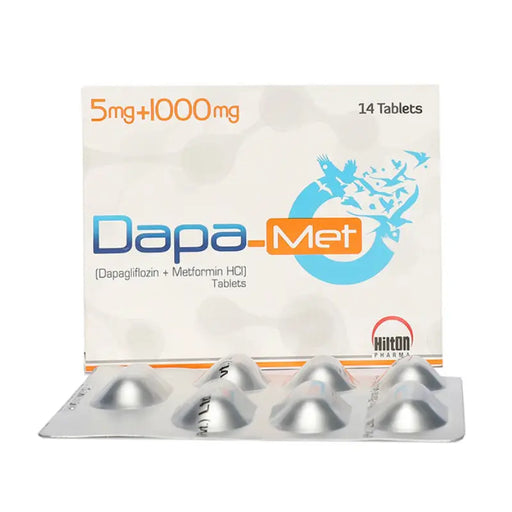 Dapa-Met tablet packaging with tablets on a white background