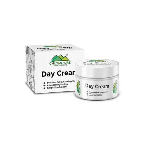 Day cream jar and box with Chiltan Pure International branding on a white background