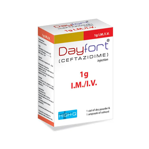 A box of DAYFORT 1GM INJECTION, with red and white color scheme and branding details.