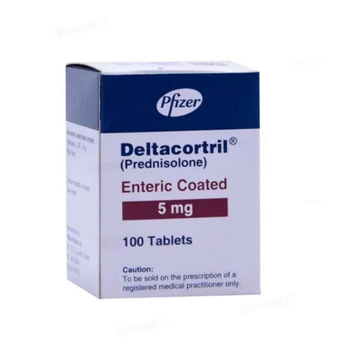 Deltacortril (Prednisolone) packaging by Pfizer on a white background