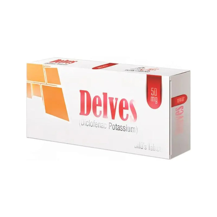 Box of Delves tablets with red and orange design on a white background